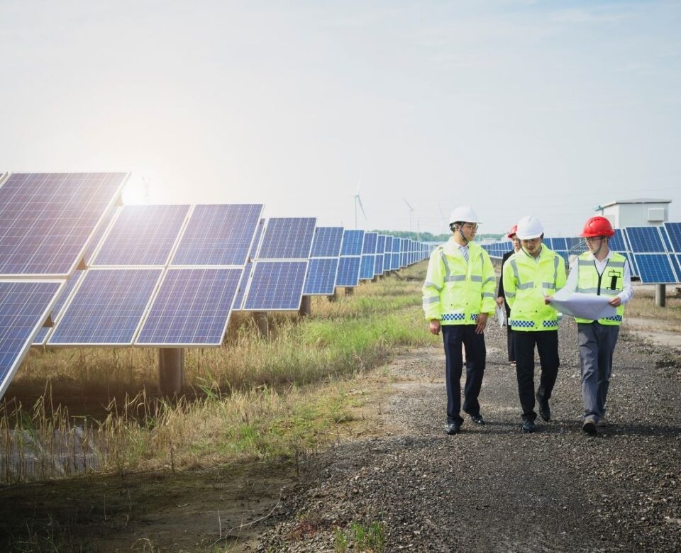 Engineers survey at green energy plant